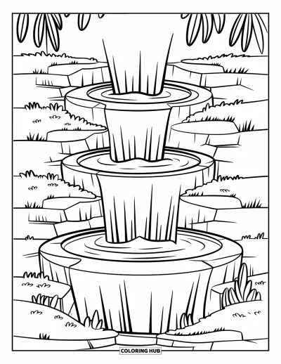 Coloriage de cascade pour enfants : Des vasques en pierre recueillent l'eau d'une douce cascade en trois niveaux