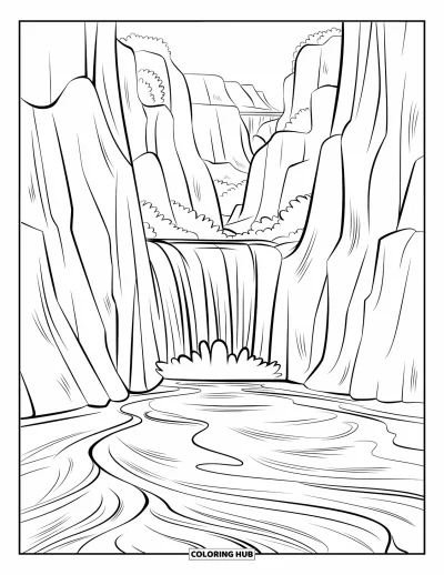 Coloriage de cascade pour enfants : De hautes falaises encadrent une cascade de canyon avec un bassin clair et calme en contrebas
