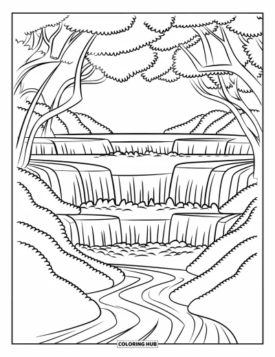 Coloriage de cascade pour enfants : Des arbres s'arquent au-dessus d'une grande cascade qui se déverse dans une rivière sinueuse en forêt