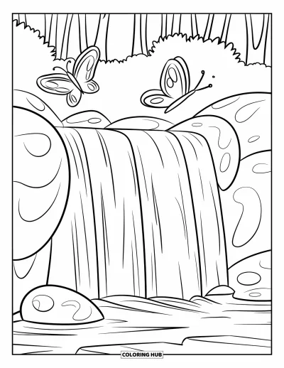 Coloriage de cascade pour enfants : Deux papillons voltigent au-dessus d'une large cascade avec de grosses pierres rondes