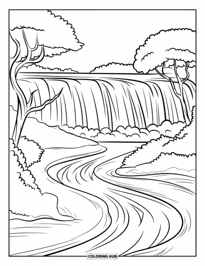 Coloriage de cascade pour enfants : L'eau dévale des paliers dans une rivière entourée de forêt et d'arbres en arche