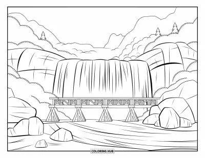 Coloriage de cascade pour enfants : L'eau coule sur des rochers sous un pont dans une forêt brumeuse et sereine