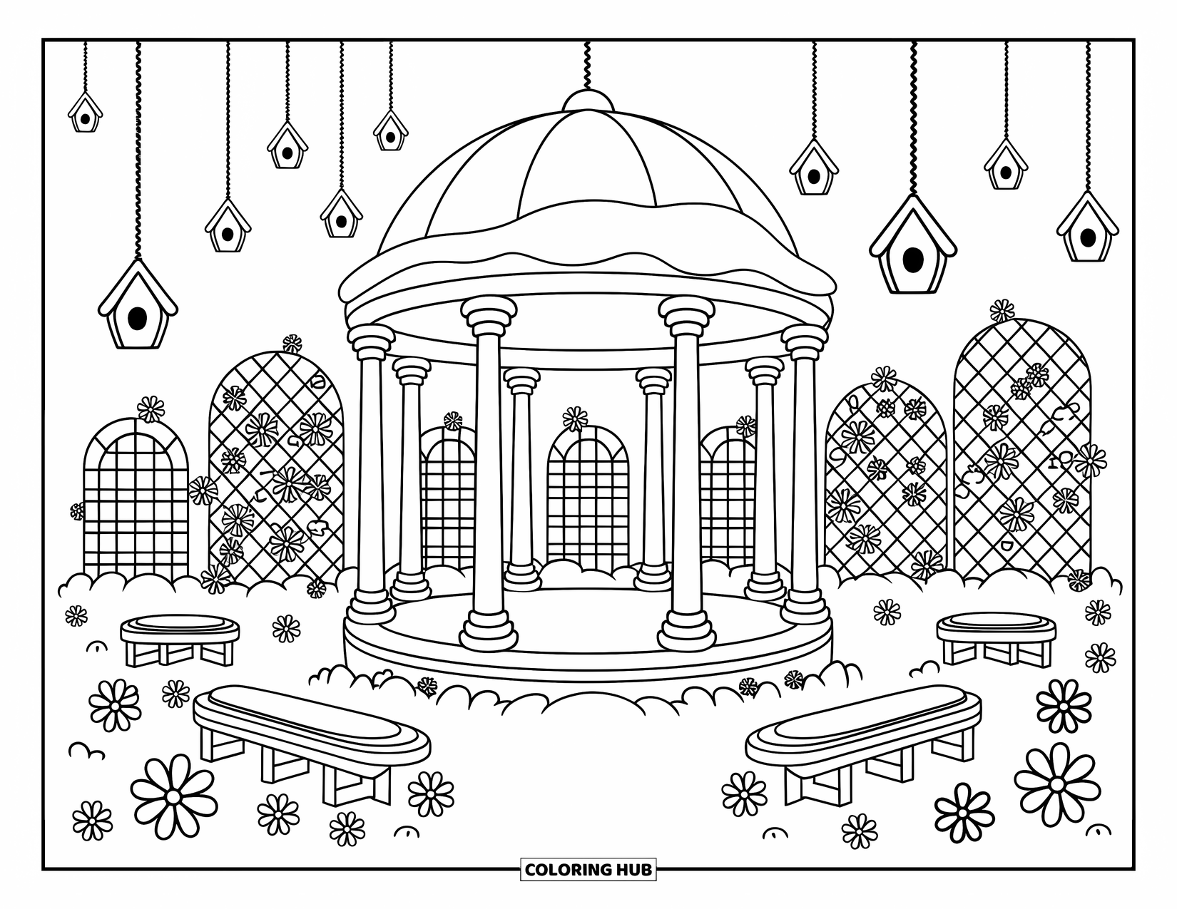 Winter Wonderland Coloring Page for Adults: A domed gazebo with vines, benches, and birdhouses rests in a snowy garden