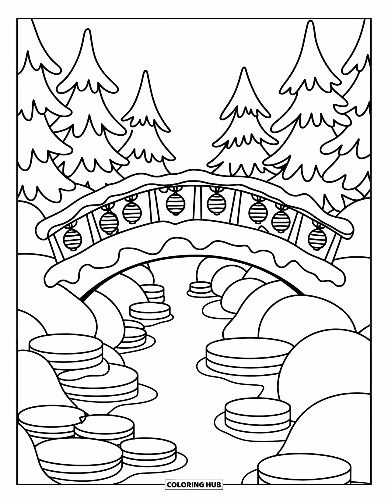 Winter Wonderland Coloring Page for Adults: A snowy bridge with lanterns and bells stretches over a frozen stream