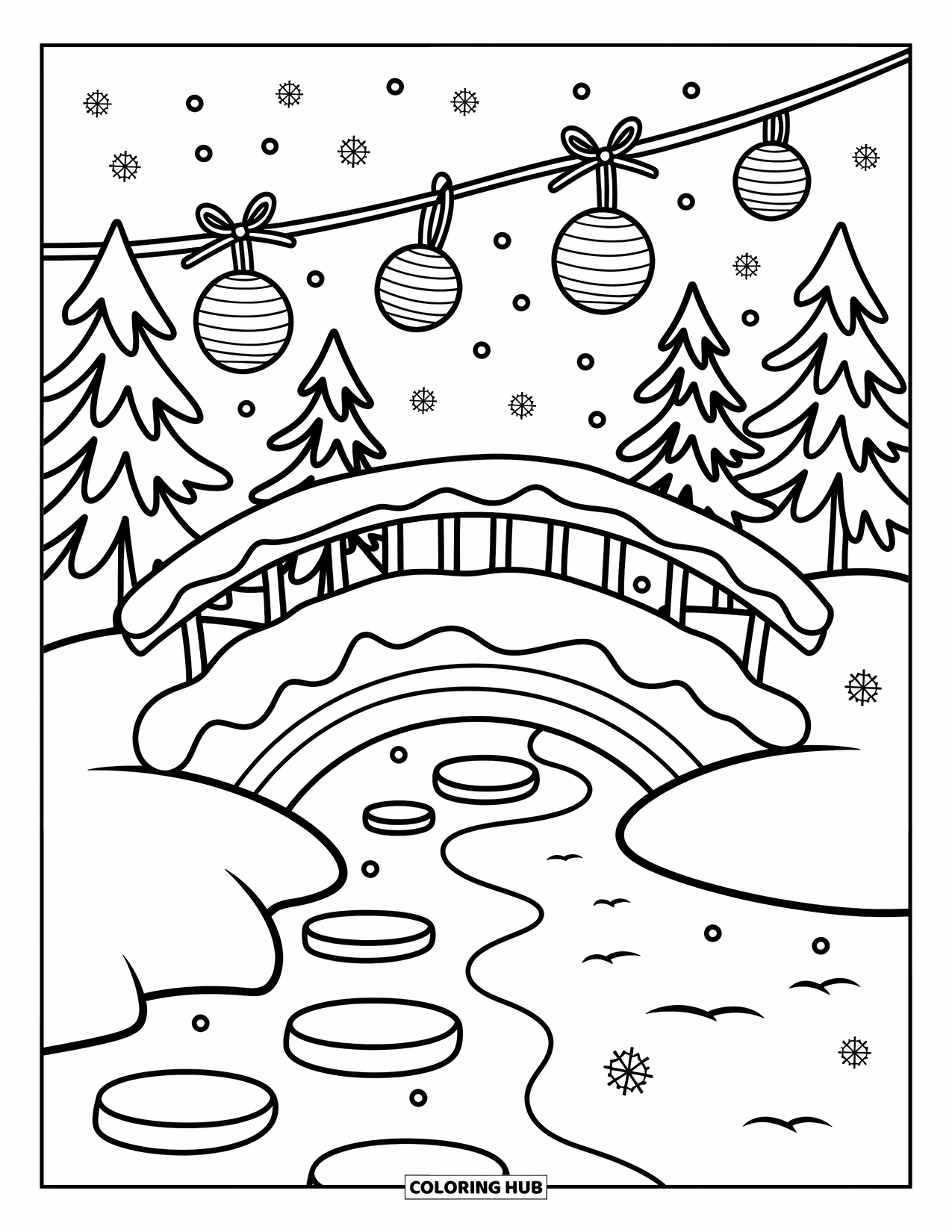 Winter Wonderland Coloring Page for Adults: Arched bridge with paper lanterns and pine trees spans a snowy, frozen stream