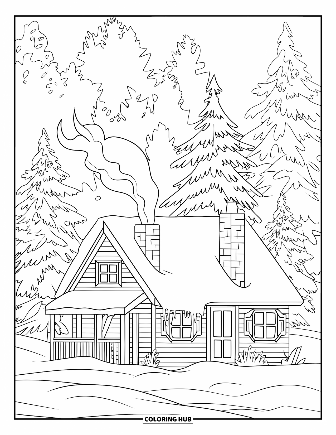 Winter Wonderland Coloring Page for Adults: Cabin in the snowy woods with chimney smoke and peaceful trees