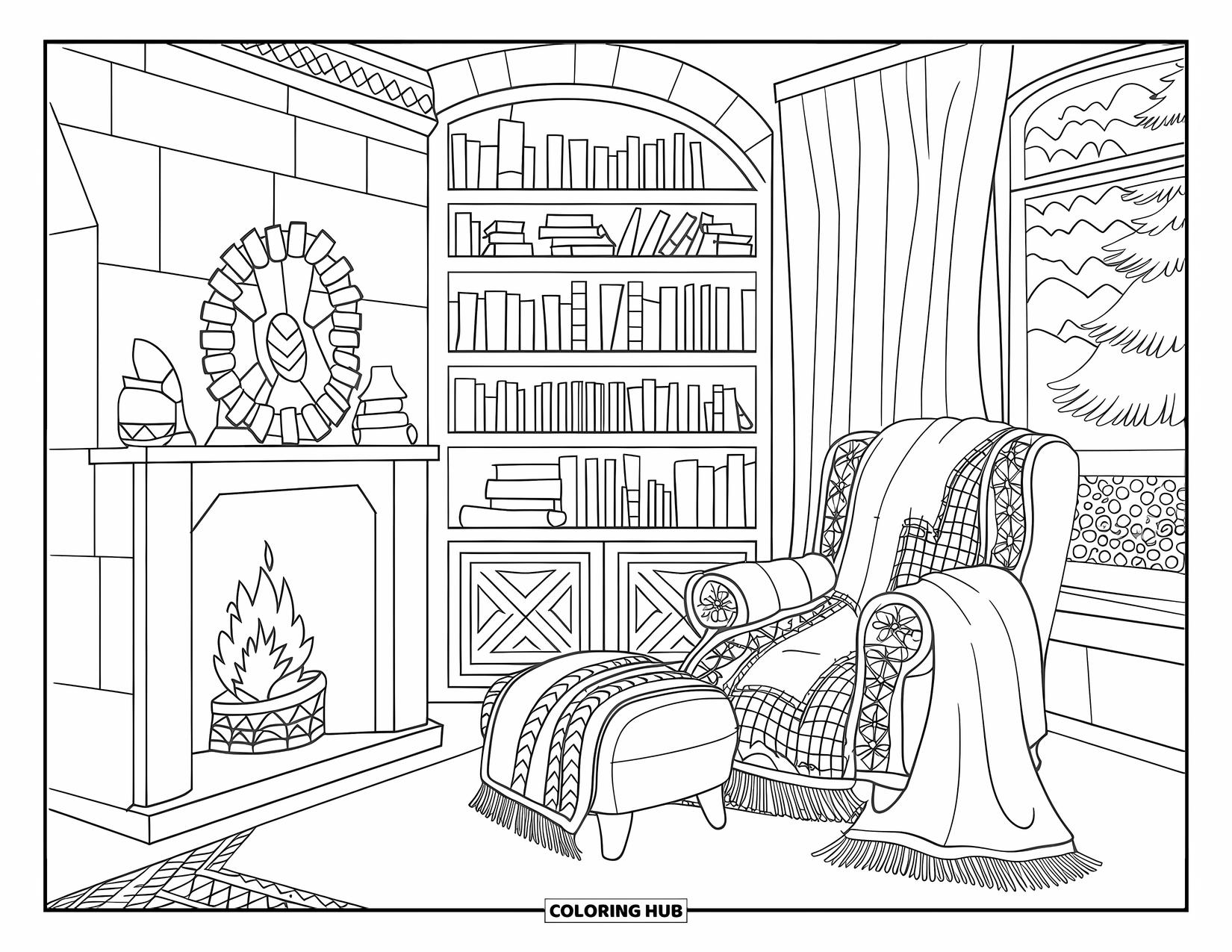 Winter Wonderland Coloring Page for Adults: Cabin with cozy blankets, books, fireplace, and snowy trees seen through the window