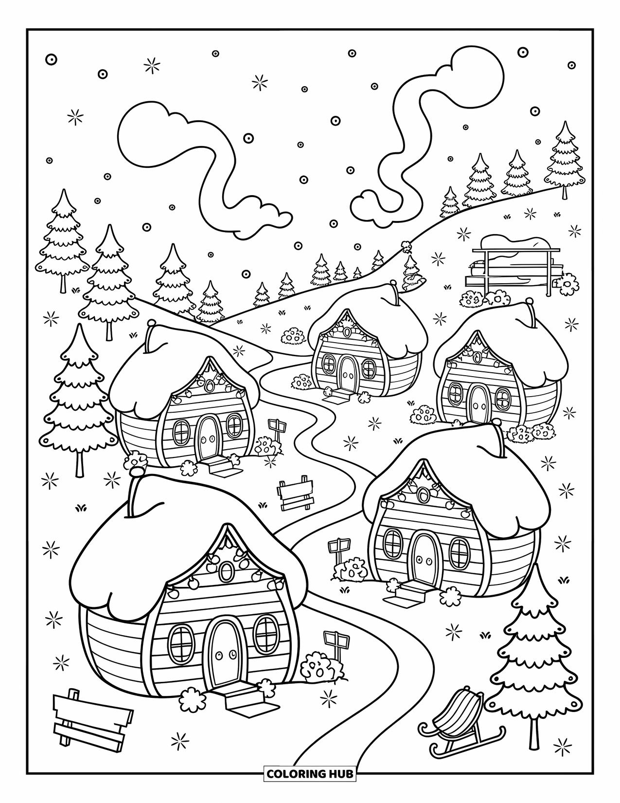 Winter Wonderland Coloring Page for Adults: Cabins with soft snowy roofs and twinkling lights rest along a snowy hill trail
