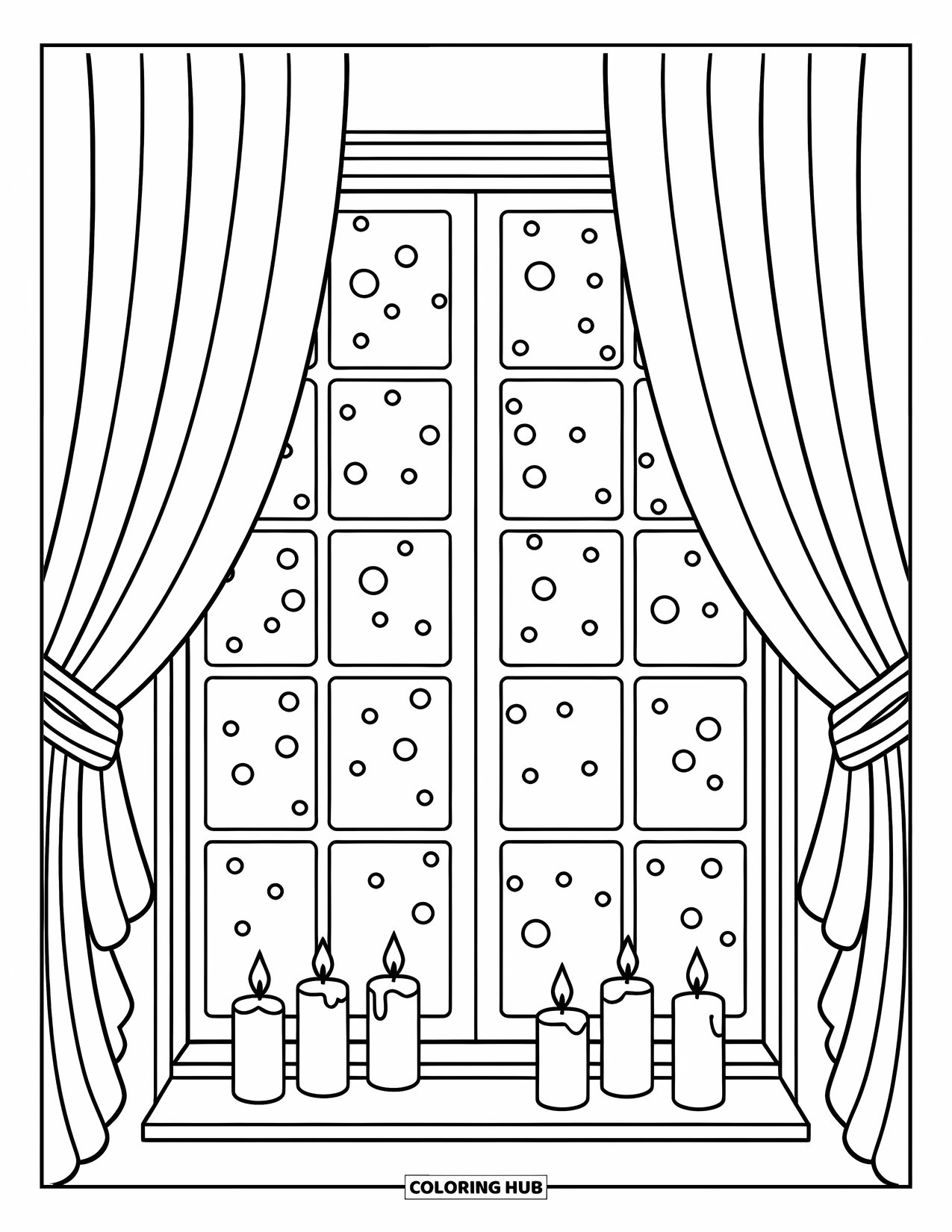 Winter Wonderland Coloring Page for Adults: Curtains pulled back showing snowfall, with candles resting on the windowsill