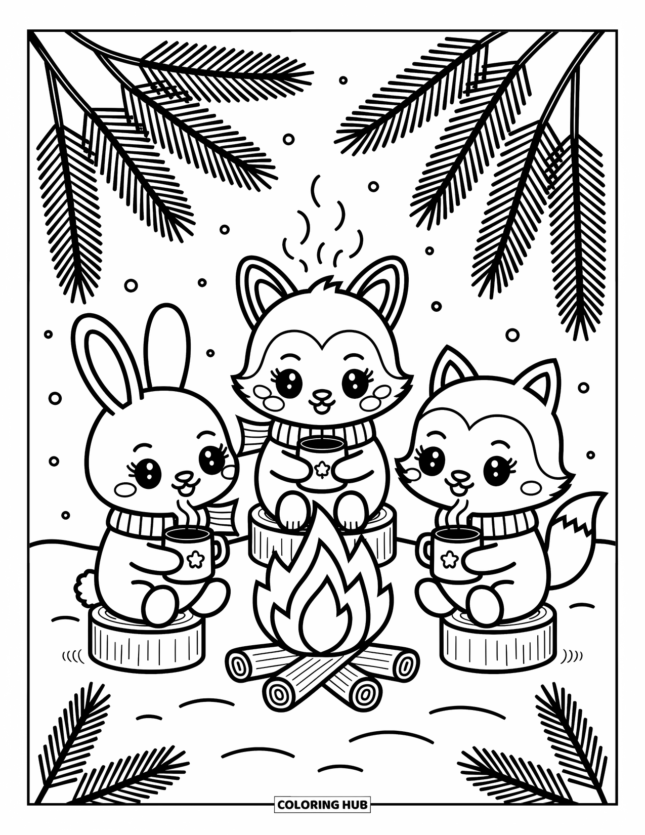 Winter Wonderland Coloring Page for Adults: Cute animals in scarves sit near a fire as snowflakes fall gently around them