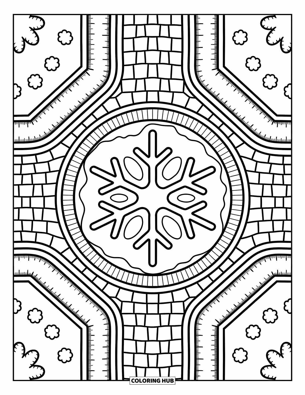 Winter Wonderland Coloring Page for Adults: Frozen fountain in a snowy courtyard is surrounded by bushes and cozy garden paths