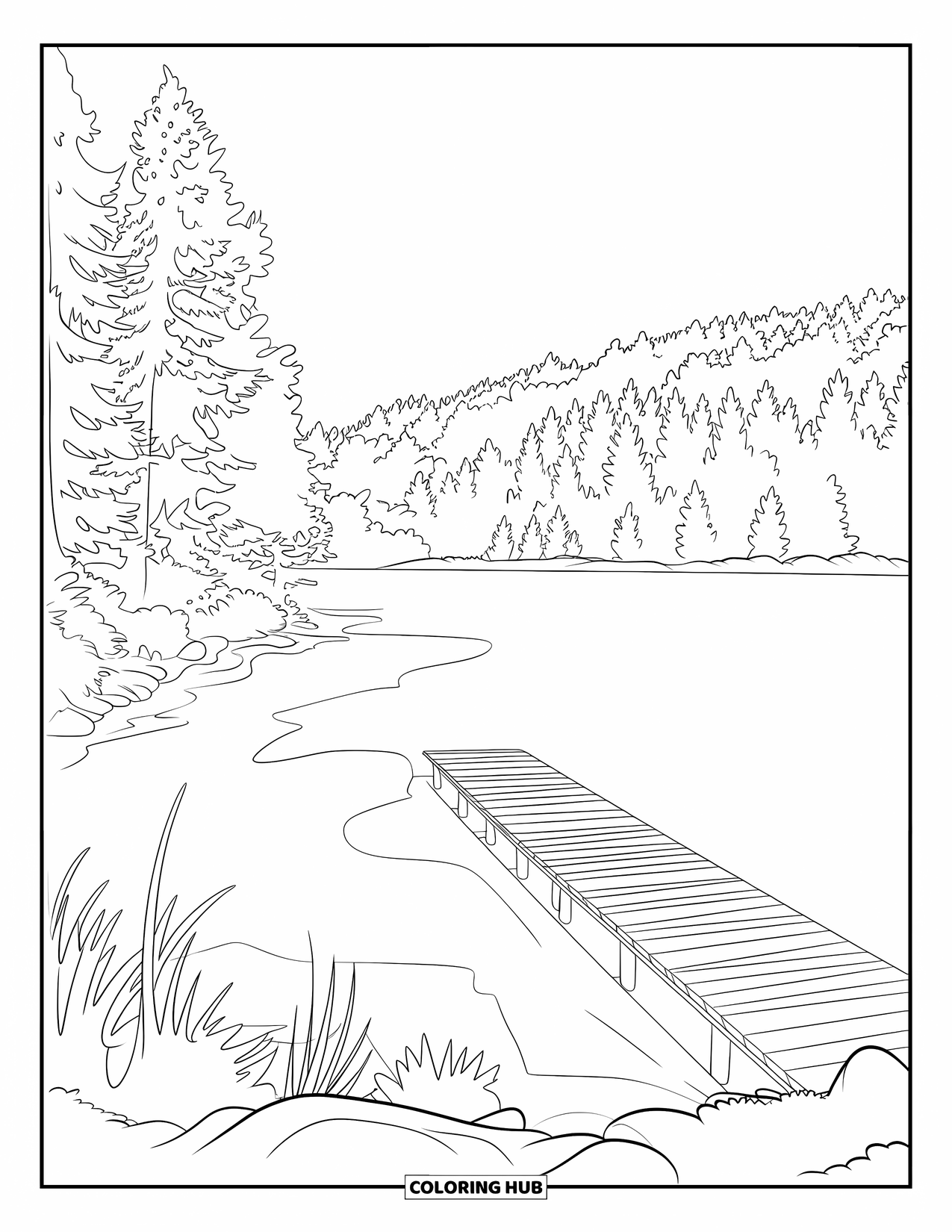 Winter Wonderland Coloring Page for Adults: Frozen lake and wooden dock surrounded by a peaceful forest of trees