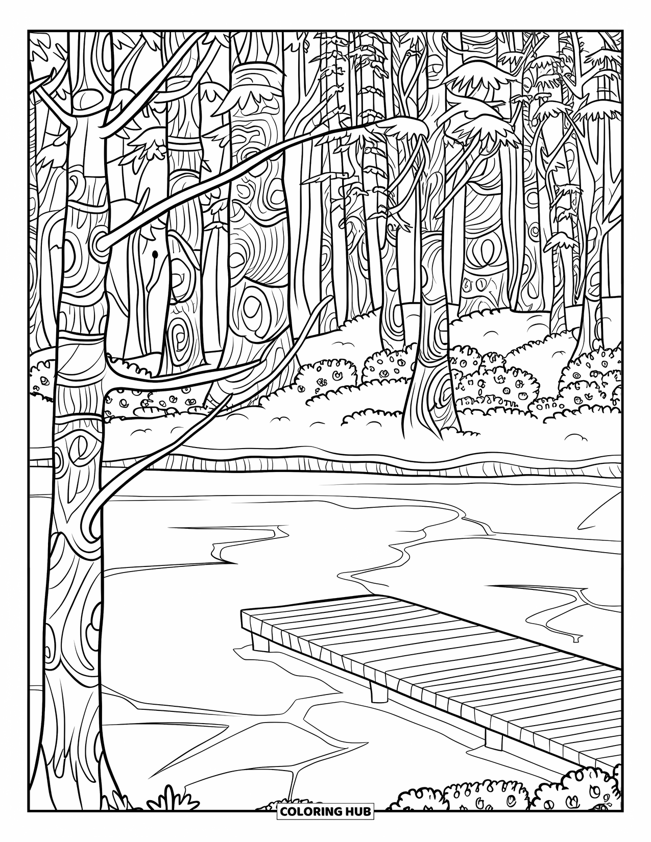 Winter Wonderland Coloring Page for Adults: Icy lake scene with a wooden dock and tall snow-covered trees