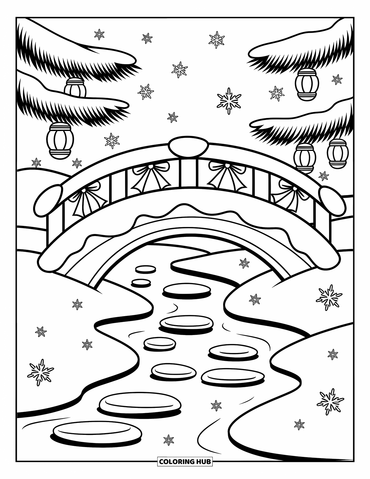 Winter Wonderland Coloring Page for Adults: Paper lanterns hang from a snowy bridge crossing a quiet frozen stream