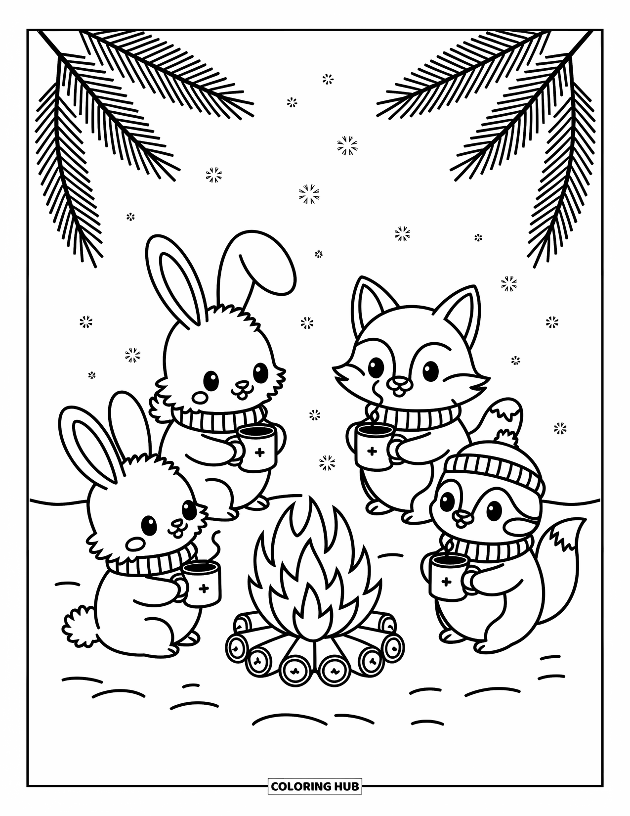 Winter Wonderland Coloring Page for Adults: Penguin, bunny, and fox warm up by a fire in a snowy forest scene
