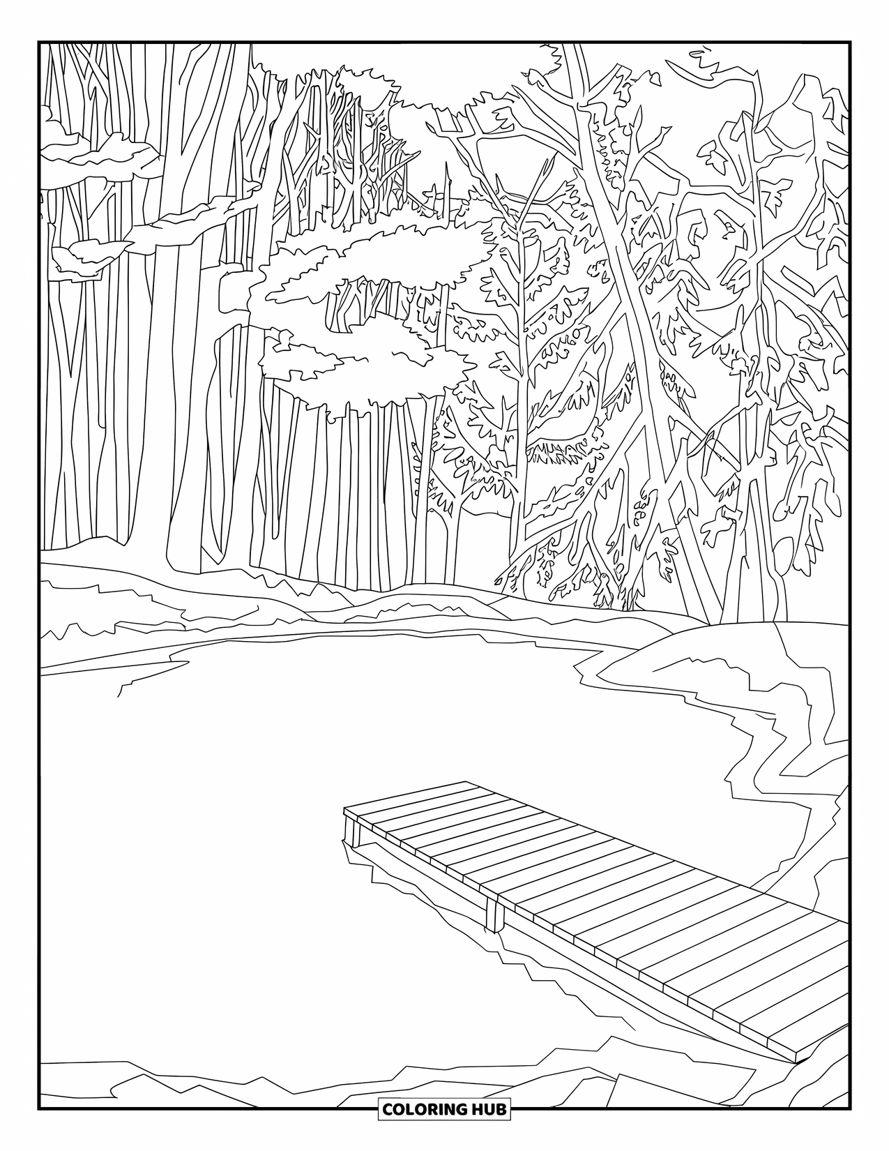Winter Wonderland Coloring Page for Adults: Quiet lake frozen over with a dock and forest of tall trees