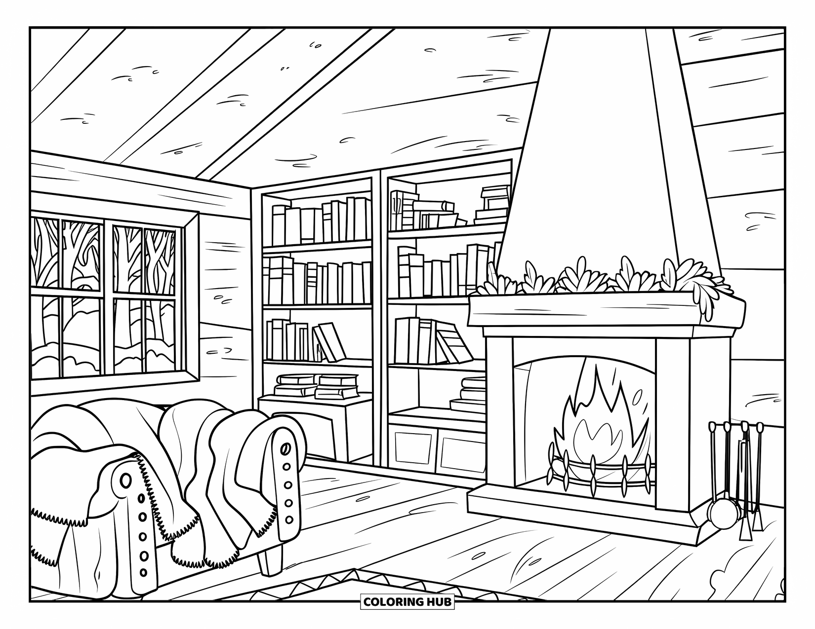 Winter Wonderland Coloring Page for Adults: Rustic cabin with wood furniture, fireplace, books, and a snowy window view
