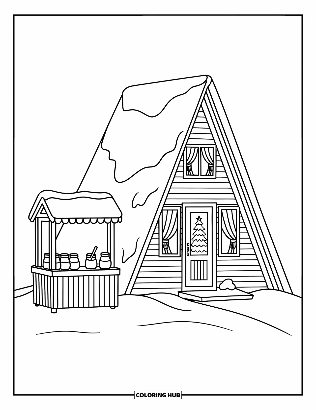 Winter Wonderland Coloring Page for Adults: Snow-covered A-frame cabin with a cocoa stand sits at the foot of a hill