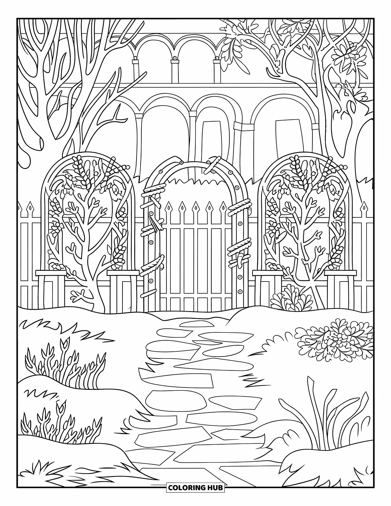 Winter Wonderland Coloring Page for Adults: Snow-covered garden with frozen trees, a gate, and a building with arches