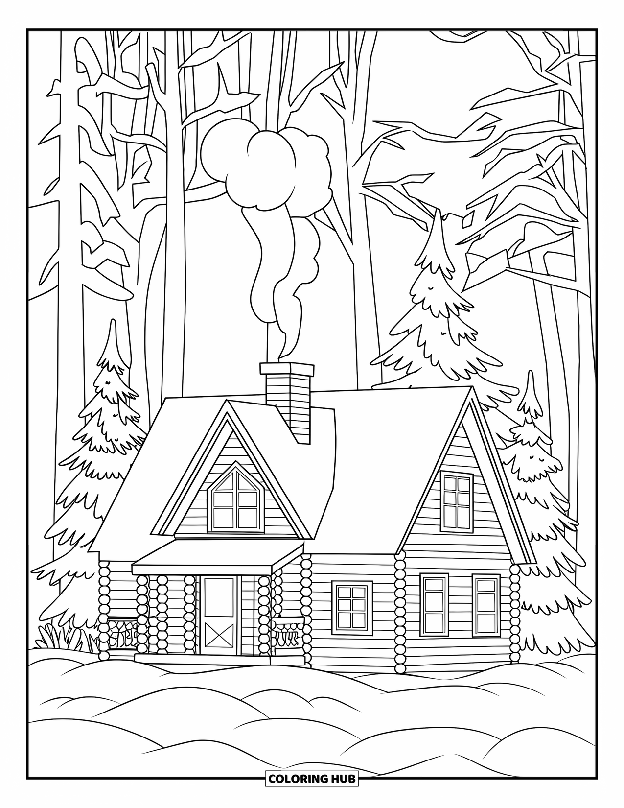 Winter Wonderland Coloring Page for Adults: Snowy cabin nestled in a quiet forest with smoke curling from the chimney