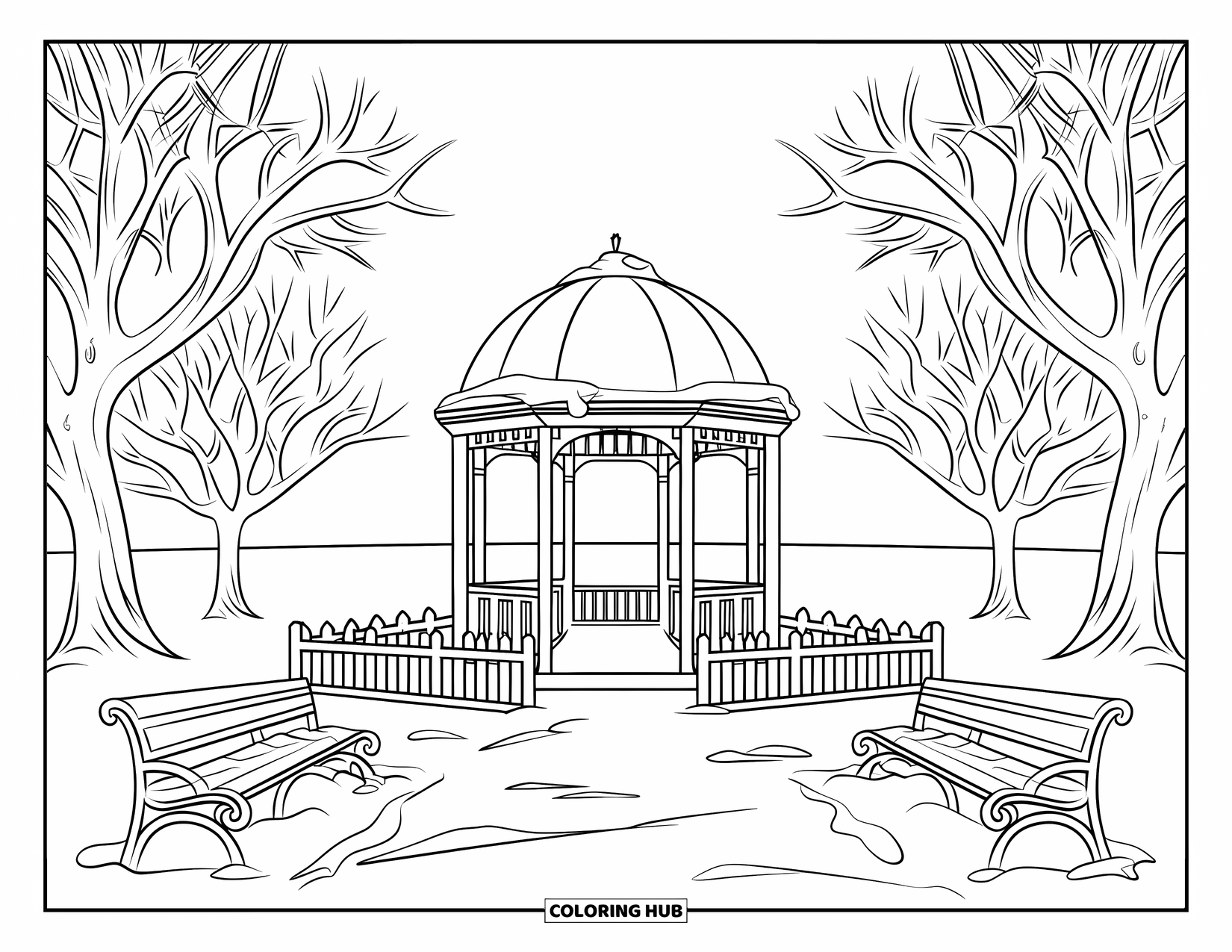 Winter Wonderland Coloring Page for Adults: Snowy gazebo with dome roof and fence, surrounded by bare trees and benches