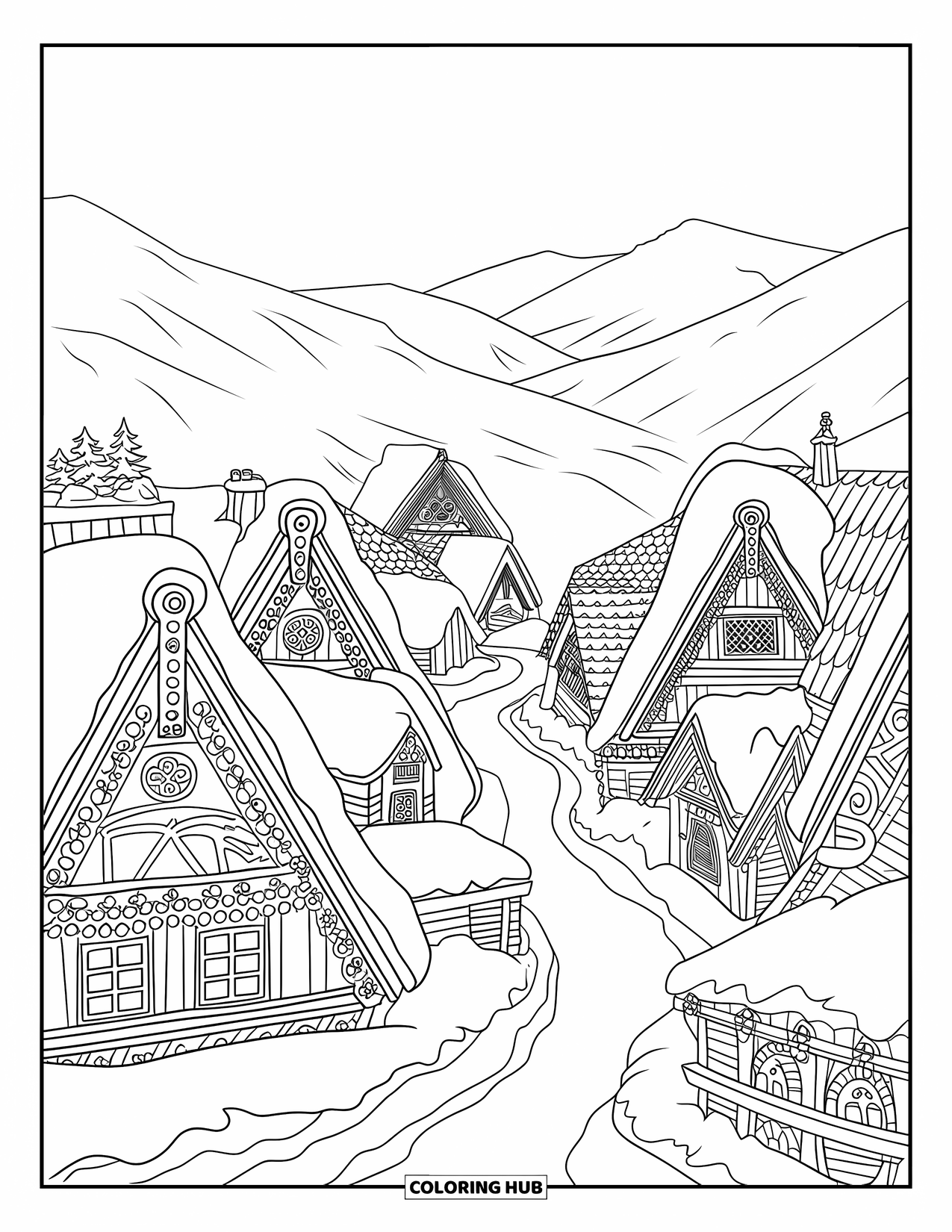 Winter Wonderland Coloring Page for Adults: Snowy village with winding paths, patterned rooftops, and distant mountain views