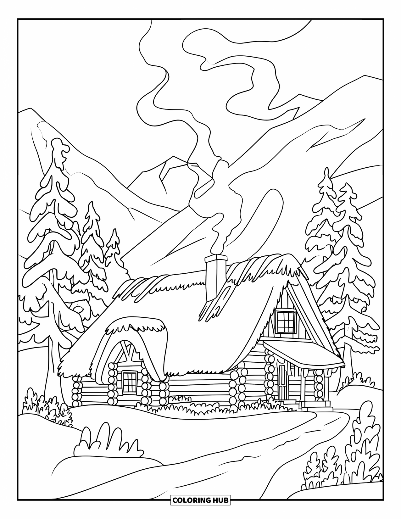 Winter Wonderland Coloring Page for Adults: Snowy winter cabin with smoke rising and tall trees all around