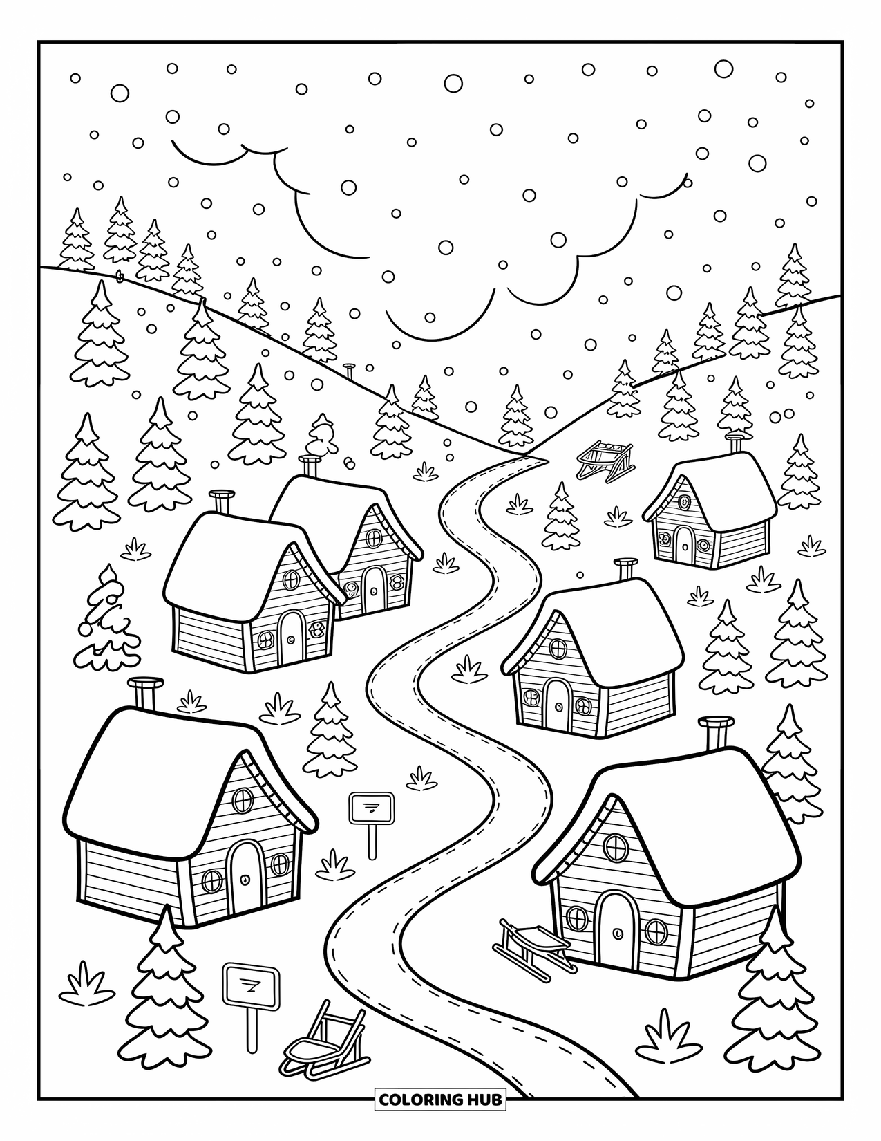 Winter Wonderland Coloring Page for Adults: Tiny rounded cabins with lights and smoke sit on a peaceful snowy hillside