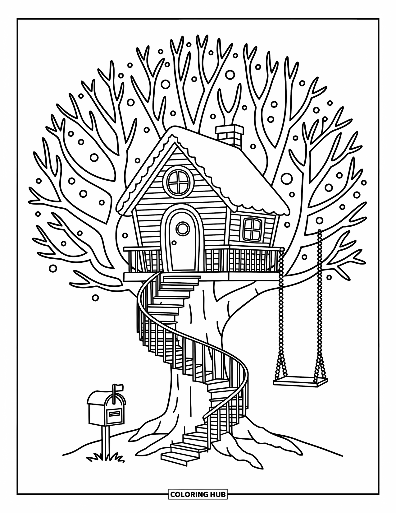 Winter Wonderland Coloring Page for Adults: Treehouse with a swing and mailbox stands among snow-covered forest branches
