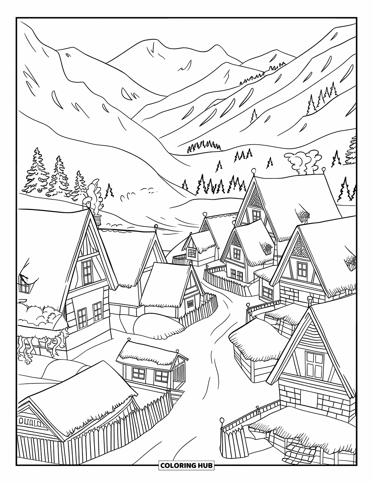 Winter Wonderland Coloring Page for Adults: Village scene with snowy rooftops, chimneys, winding paths, and surrounding mountains
