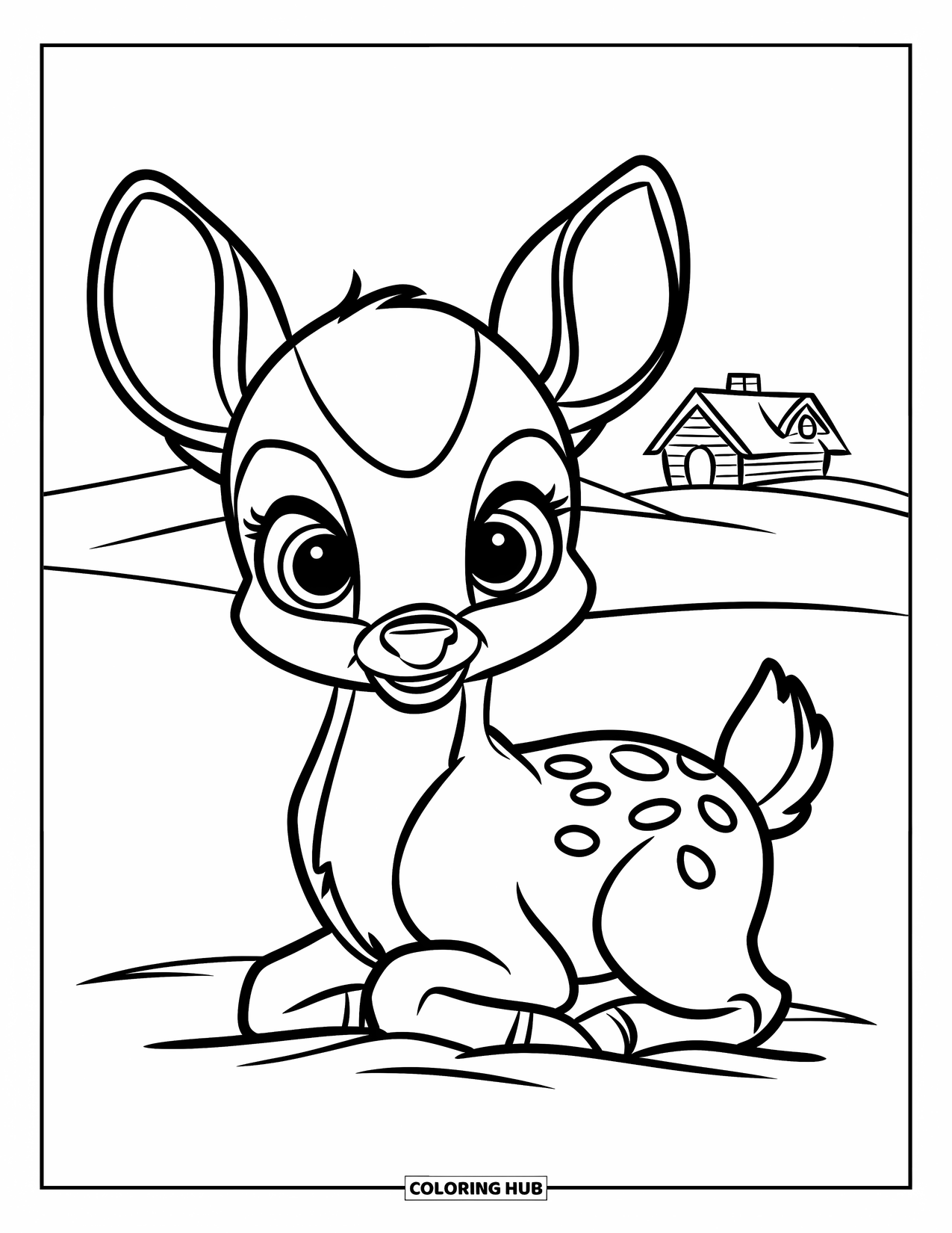 Winter Wonderland Coloring Page for Kids: A baby deer sits in snow with a tiny cabin far in the background