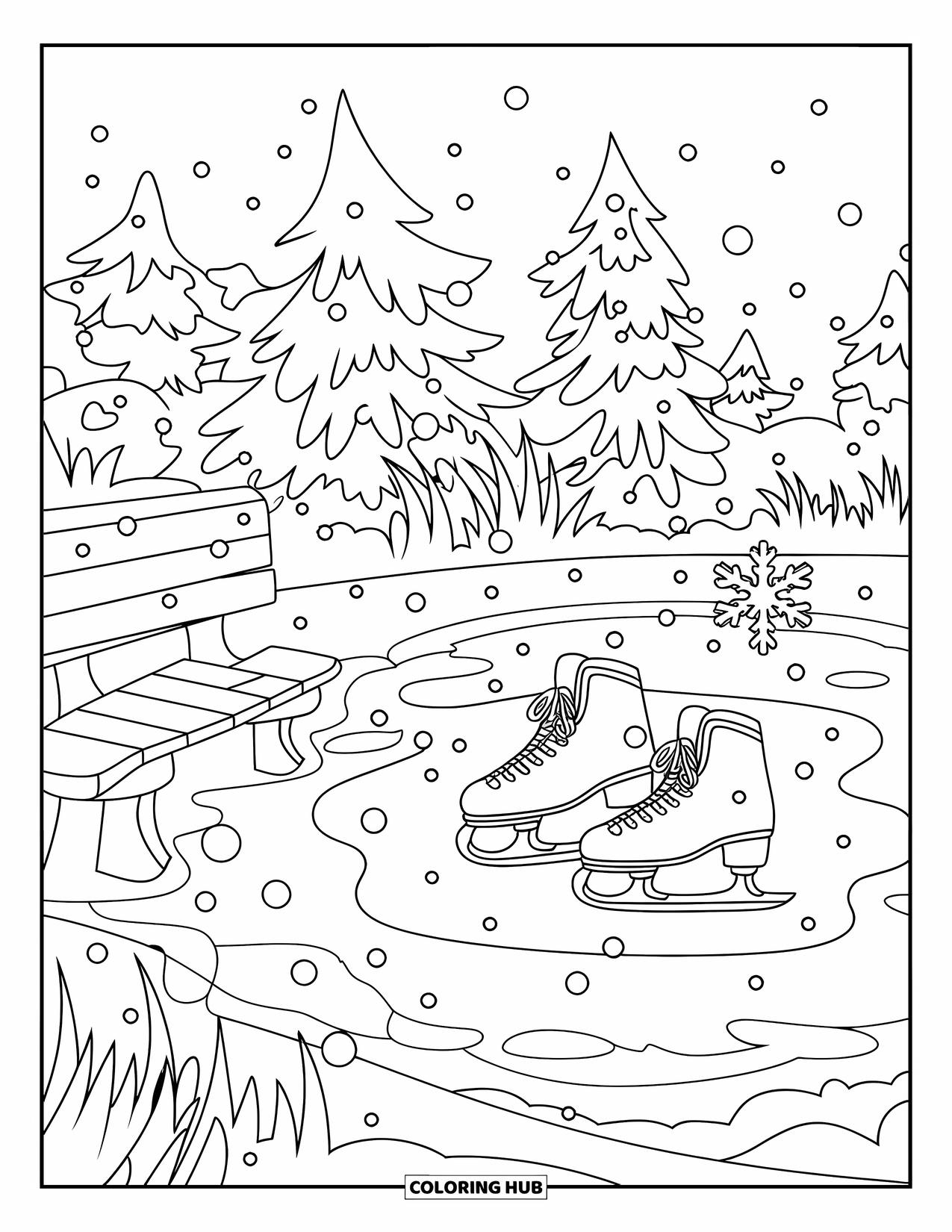 Winter Wonderland Coloring Page for Kids: A bench sits near a frozen pond with skates, snowflakes, and tall snowy trees