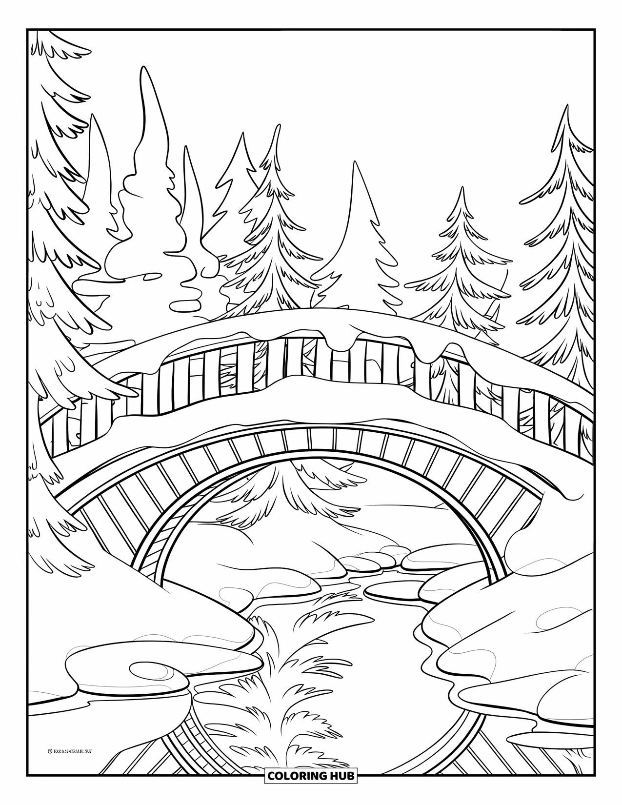 Winter Wonderland Coloring Page for Kids: A peaceful river and forest surround a snowy wooden bridge