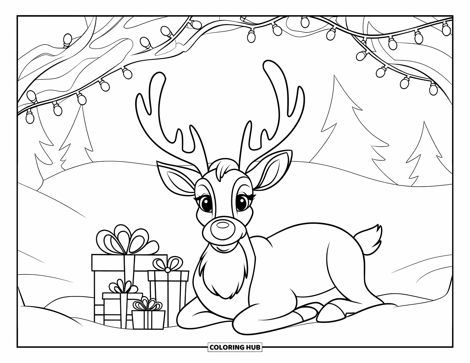 Winter Wonderland Coloring Page for Kids: A reindeer rests by gifts under a snowy arch with lights and trees