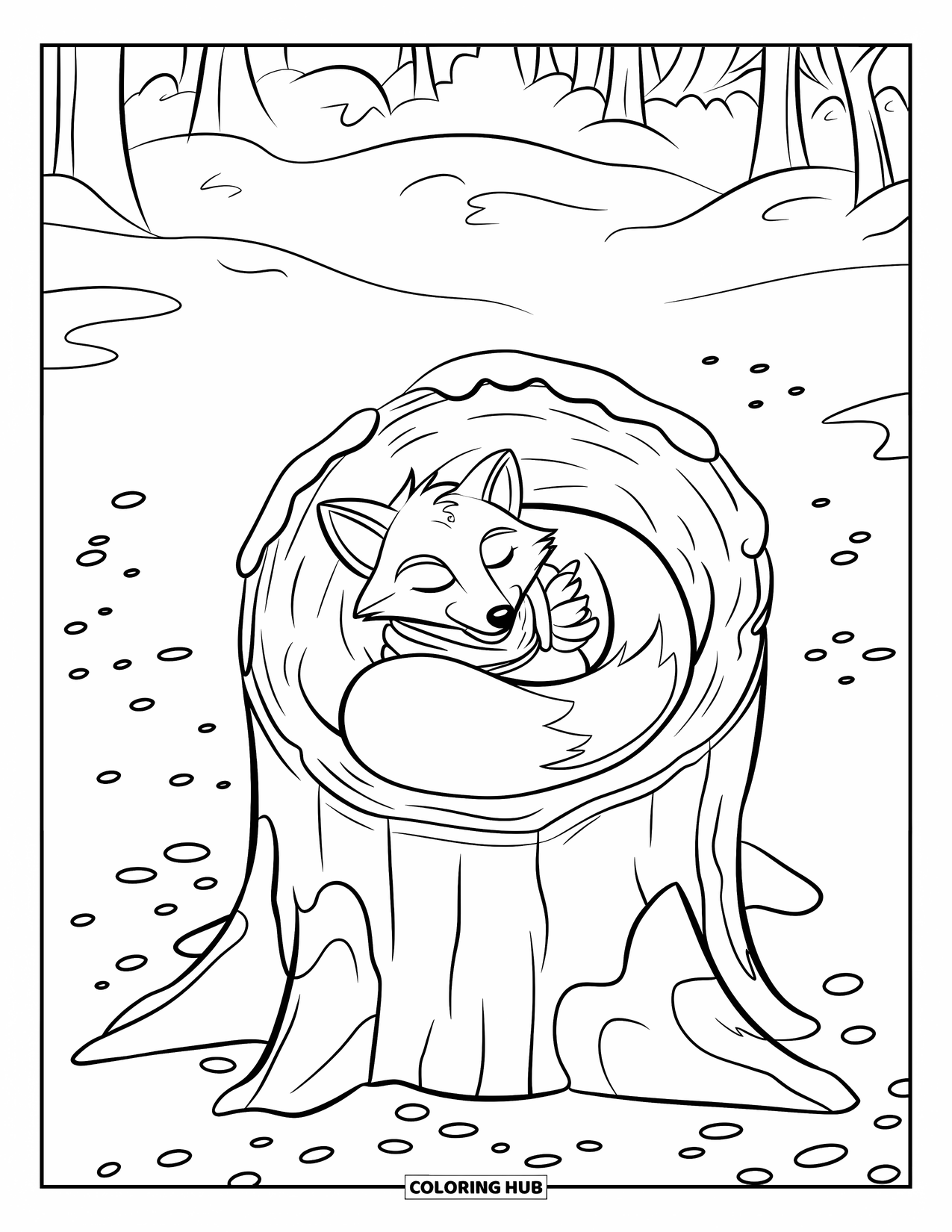 Winter Wonderland Coloring Page for Kids: A scarf-wrapped fox naps in a snowy tree stump with scattered forest details