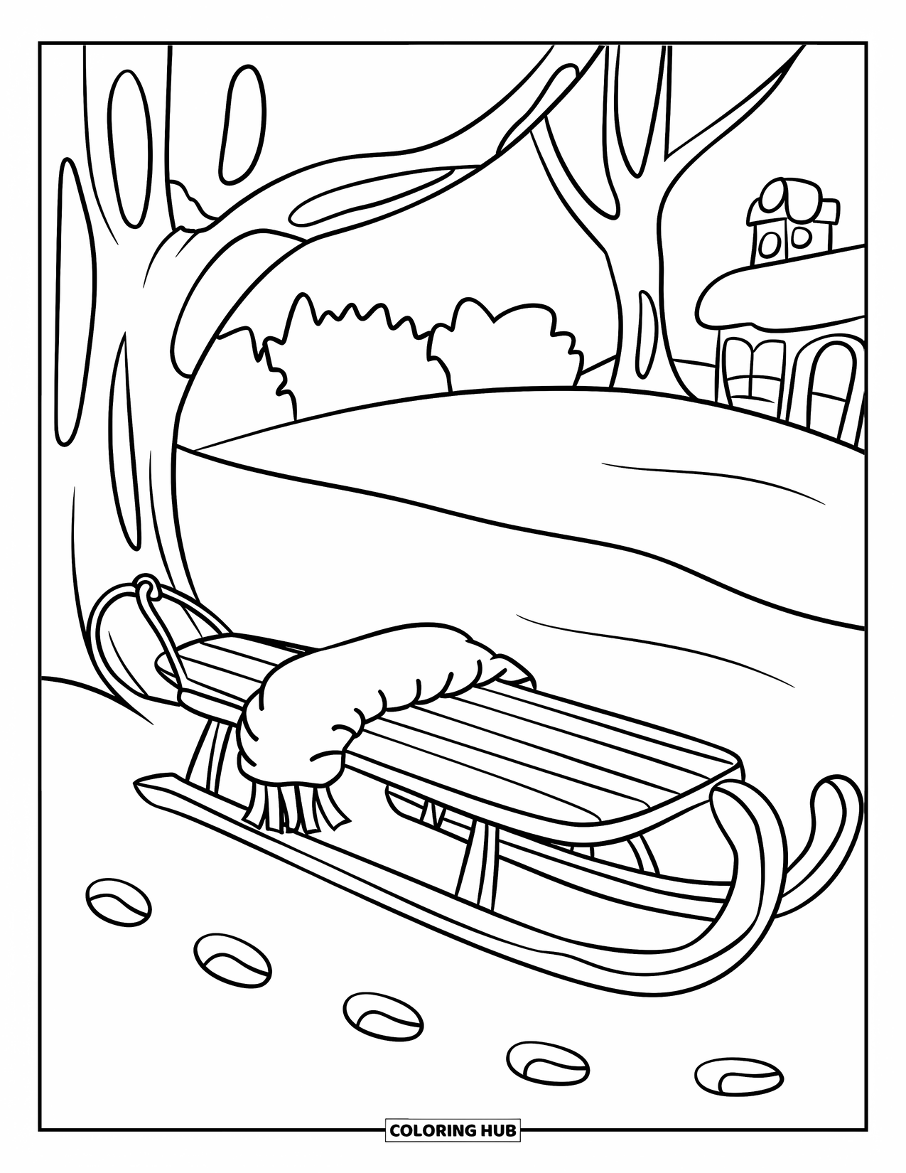 Winter Wonderland Coloring Page for Kids: A sled with a blanket leans against a tree near a snowy hill and chimney