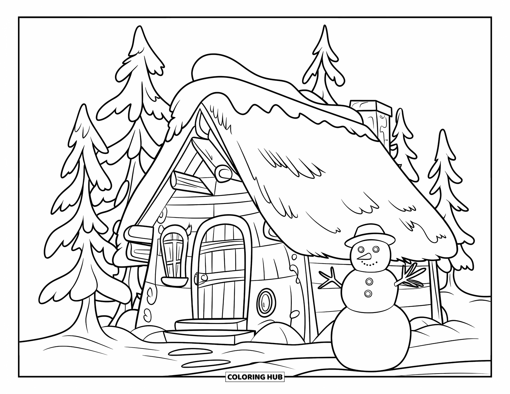 Winter Wonderland Coloring Page for Kids: A snowman stands in front of a snowy cabin with nearby trees