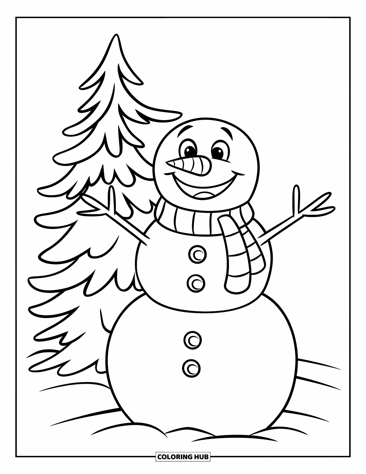 Winter Wonderland Coloring Page for Kids: A snowman with a carrot nose stands happily beside a snowy pine tree