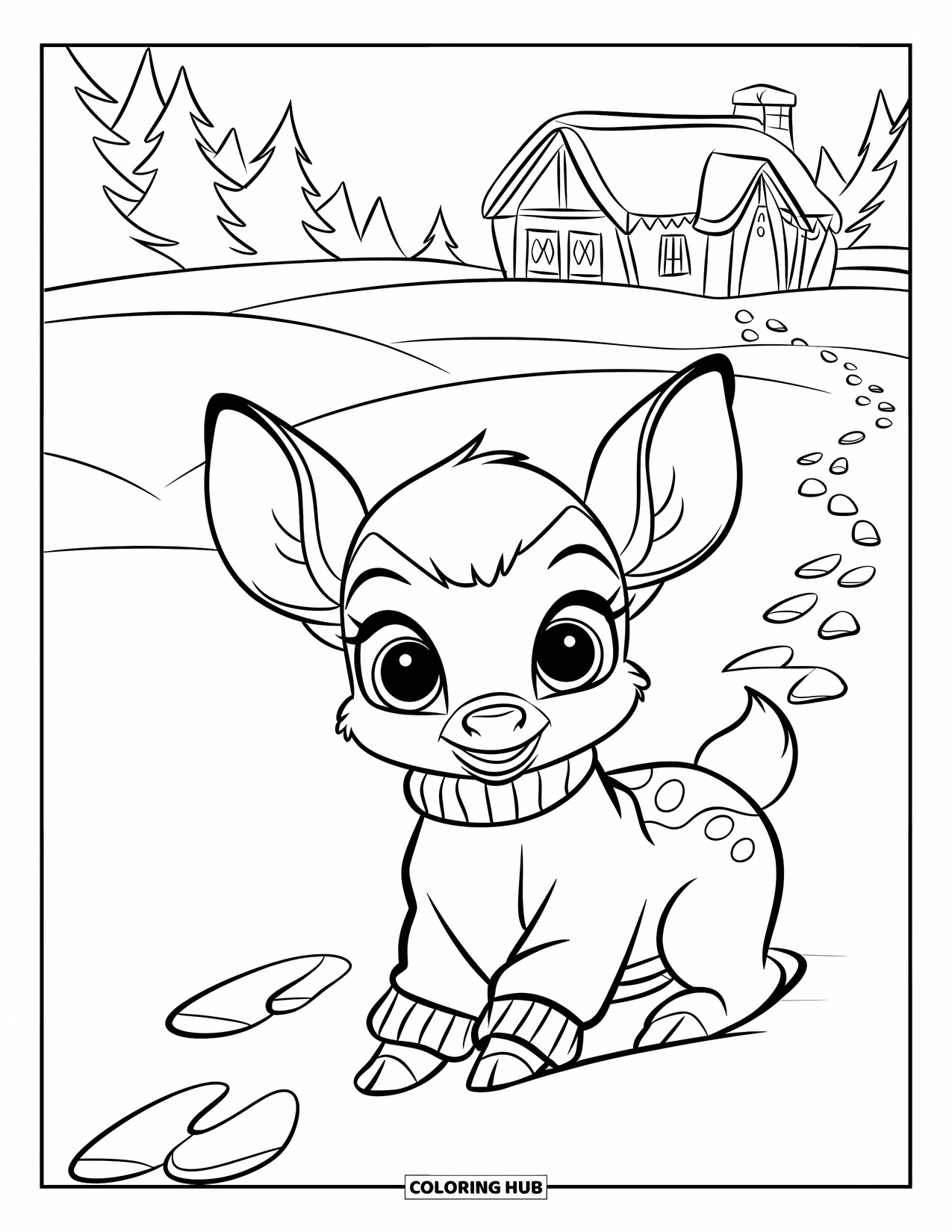 Winter Wonderland Coloring Page for Kids: Baby deer in a sweater sits in snow with trees and a cabin nearby