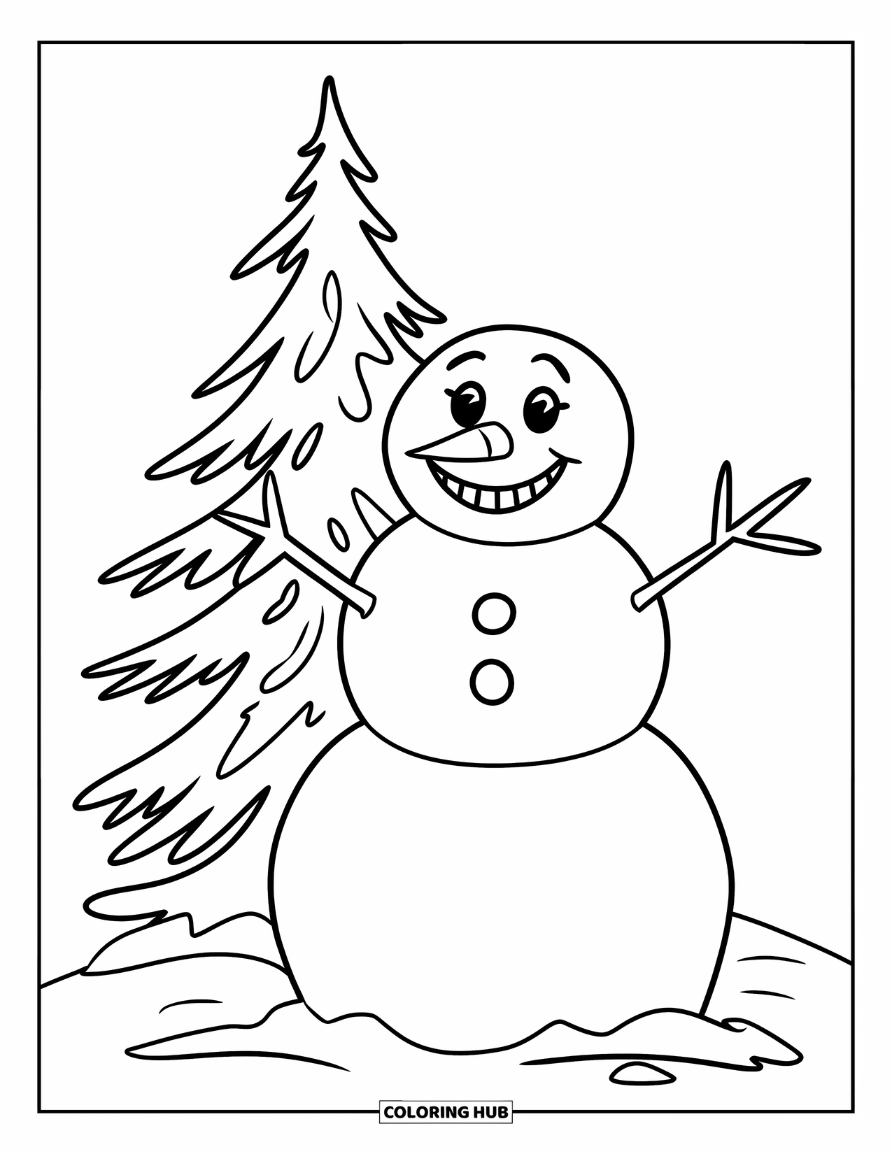 Winter Wonderland Coloring Page for Kids: Big smiling snowman with stick arms stands next to a snowy pine tree