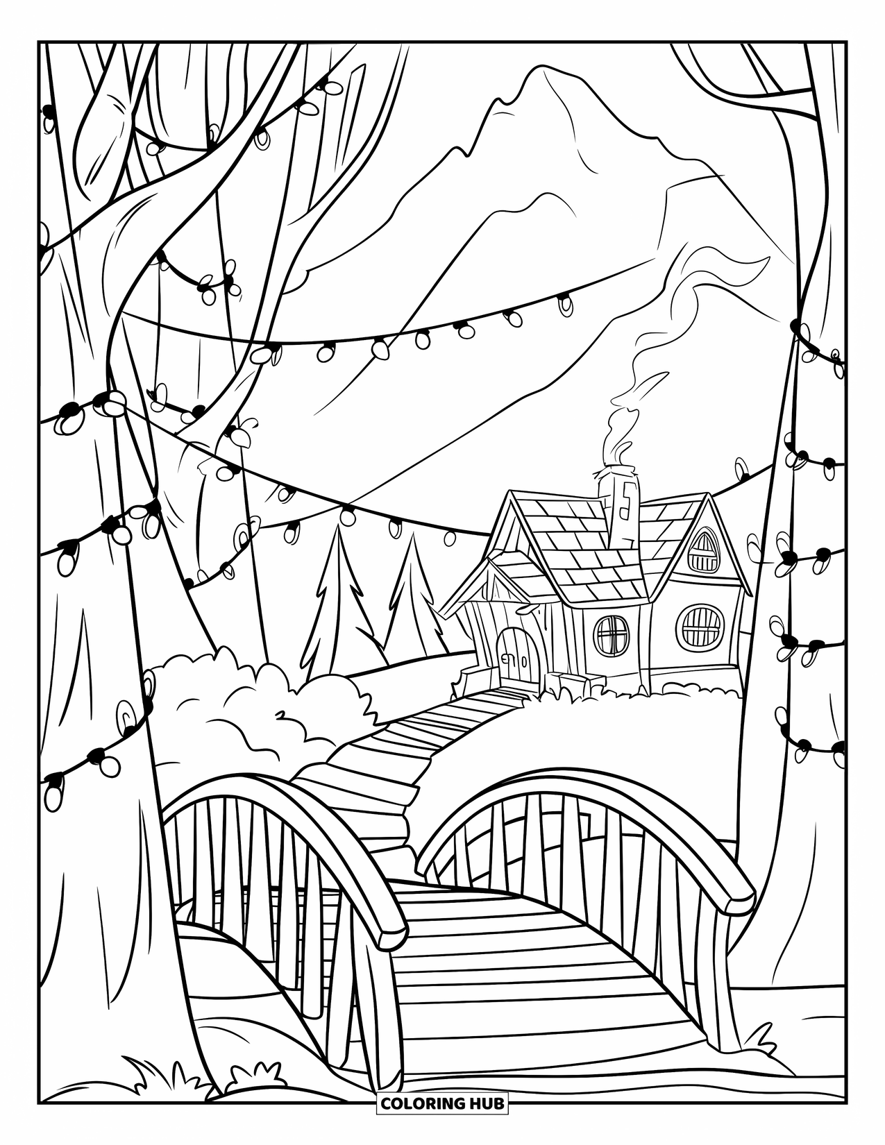 Winter Wonderland Coloring Page for Kids: Bridge leads to a snowy cottage with lights and distant mountains
