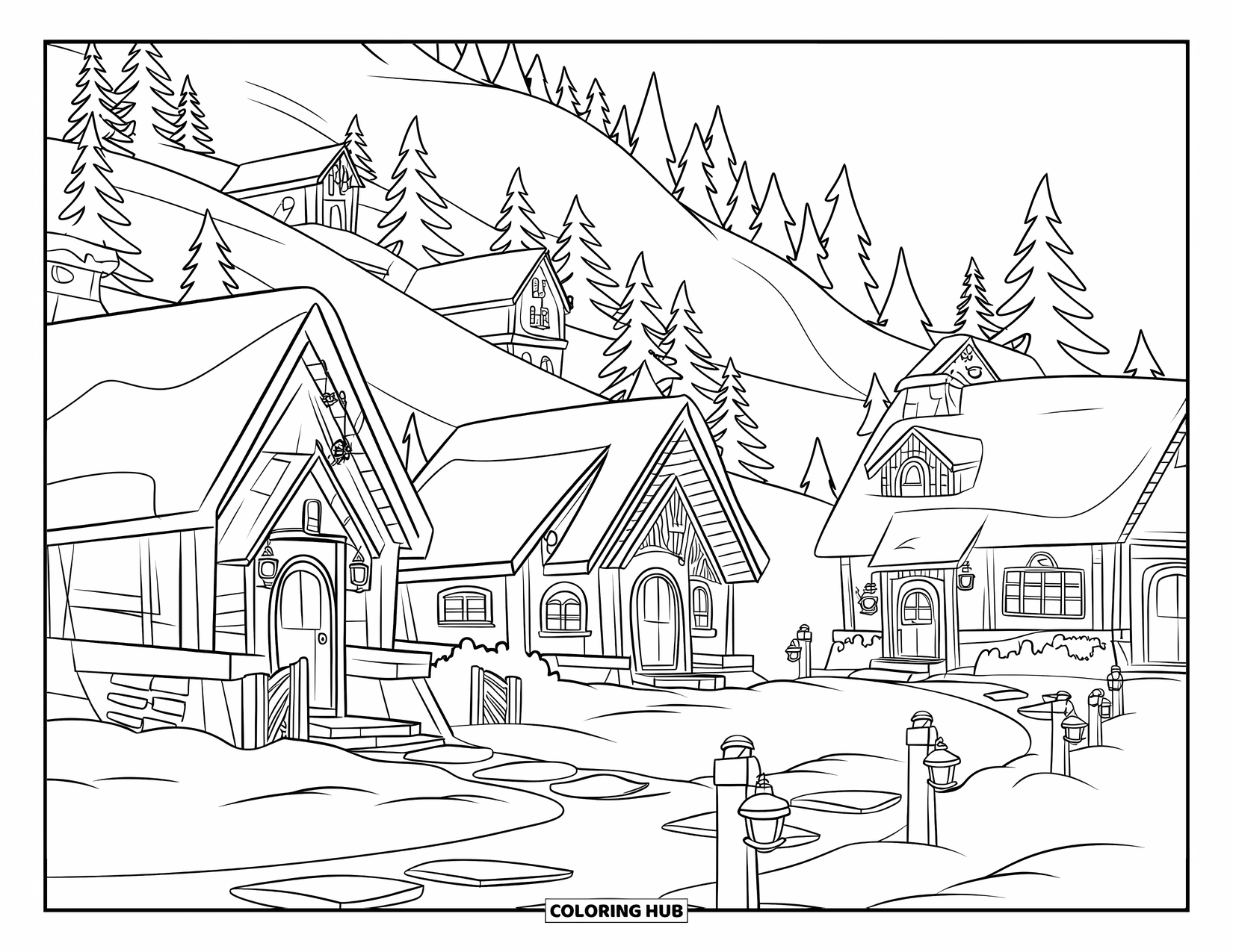 Winter Wonderland Coloring Page for Kids: Cottages and lanterns line a snowy mountain village path