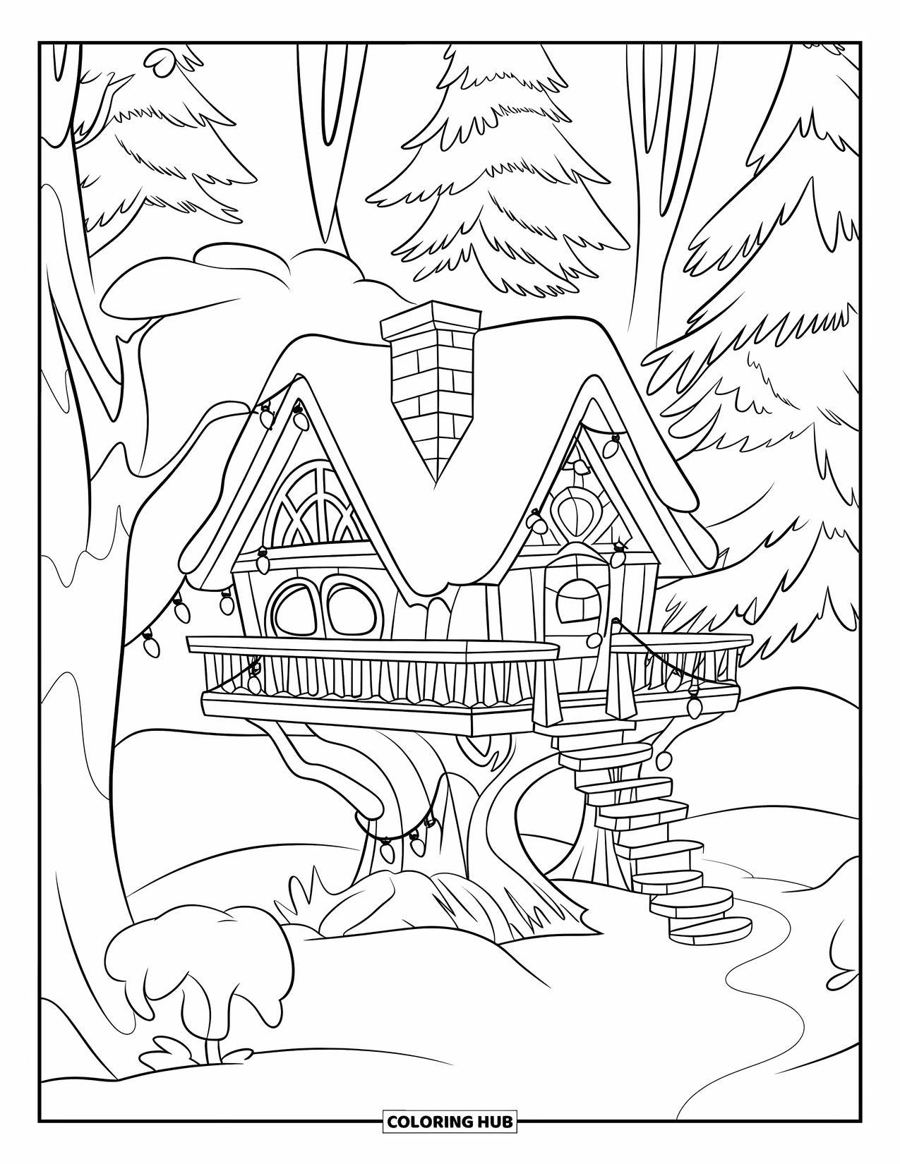 Winter Wonderland Coloring Page for Kids: Cozy treehouse with chimney and fairy lights surrounded by snowy trees