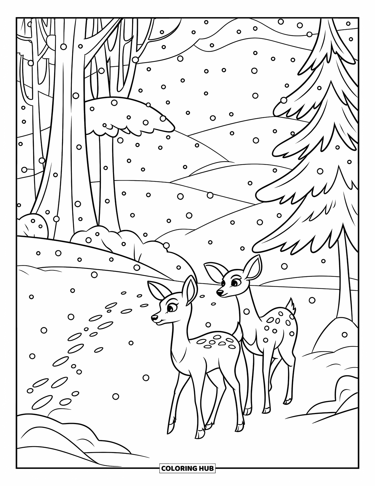 Winter Wonderland Coloring Page for Kids: Deer stroll through a quiet forest with snowy trees and mountain views