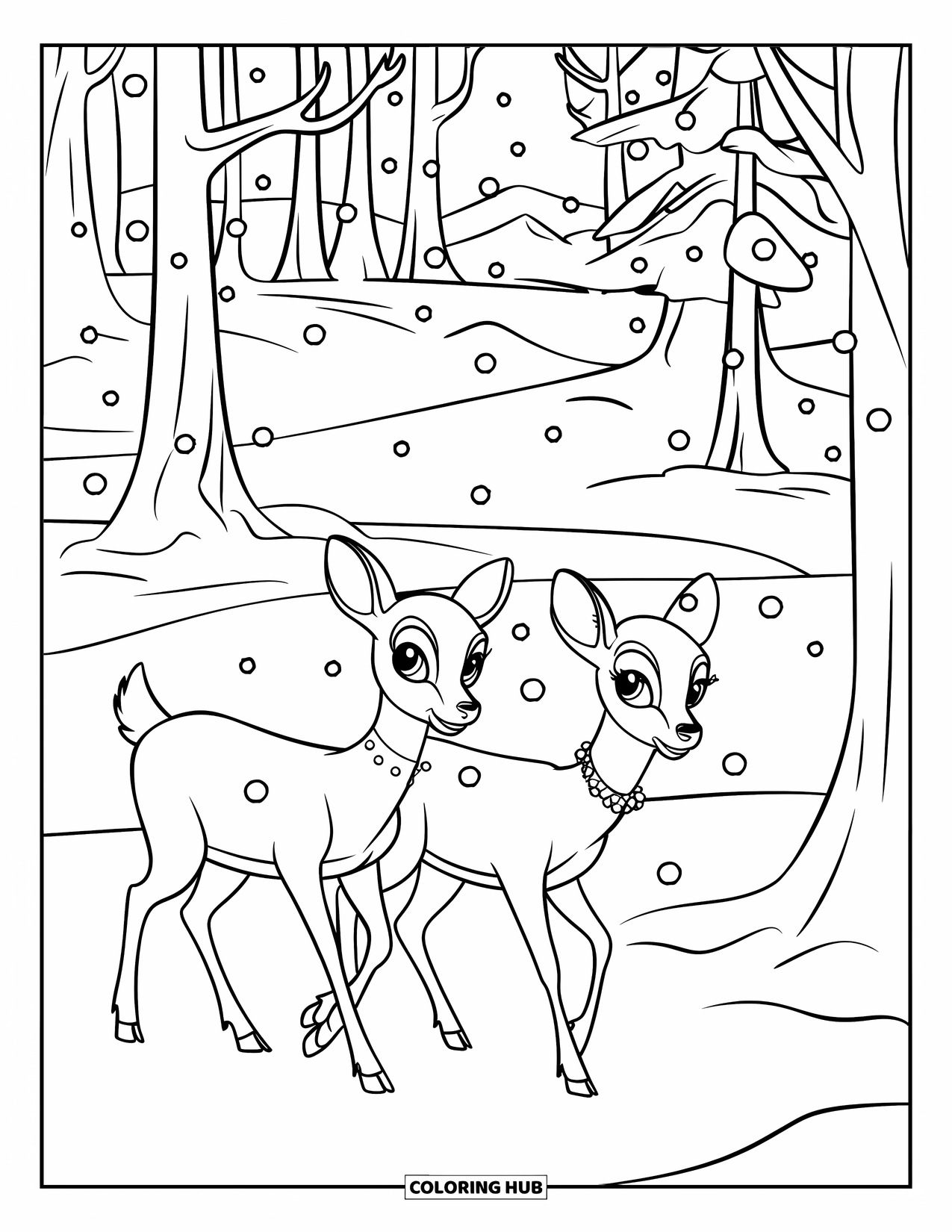 Winter Wonderland Coloring Page for Kids: Deer with festive collars walk gently through a snow-covered forest