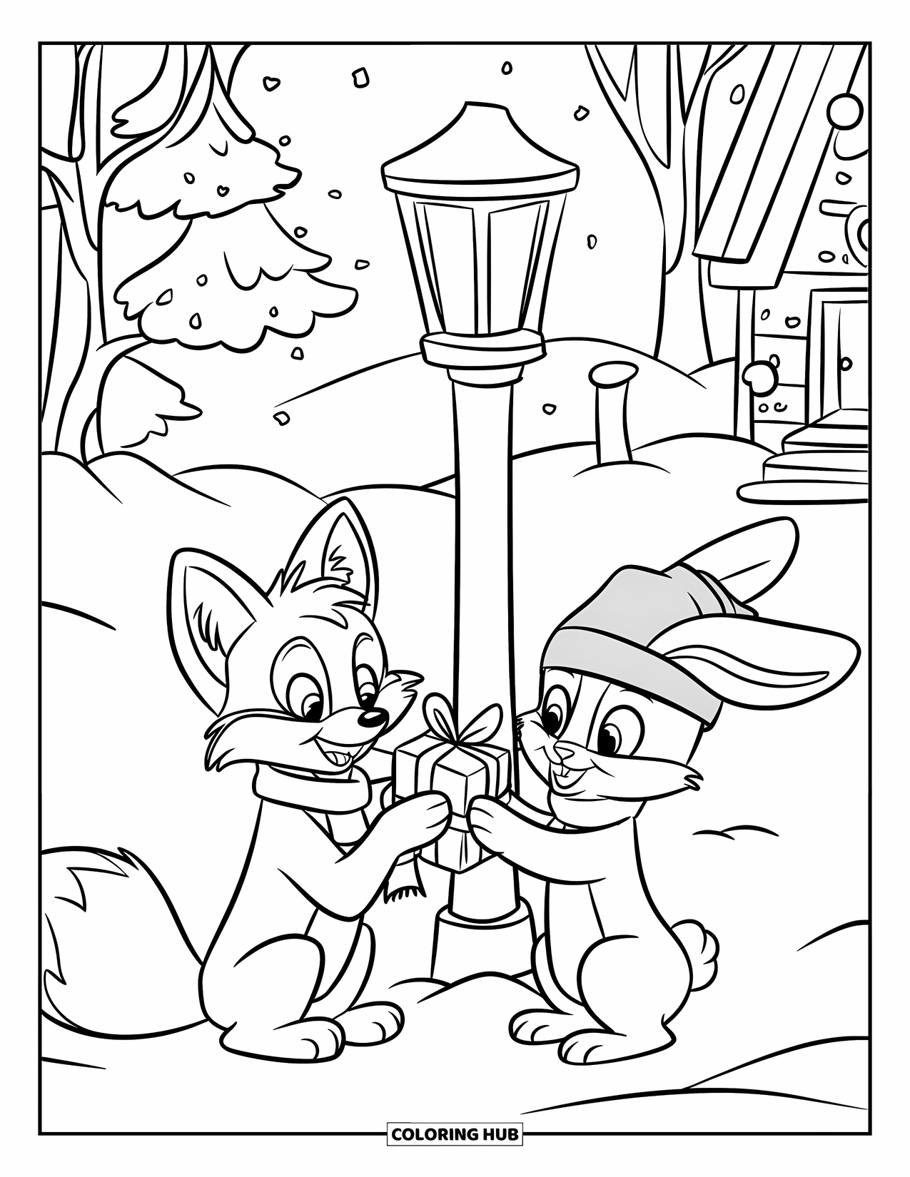 Winter Wonderland Coloring Page for Kids: Fox and bunny exchange gifts near a lantern in the falling snow