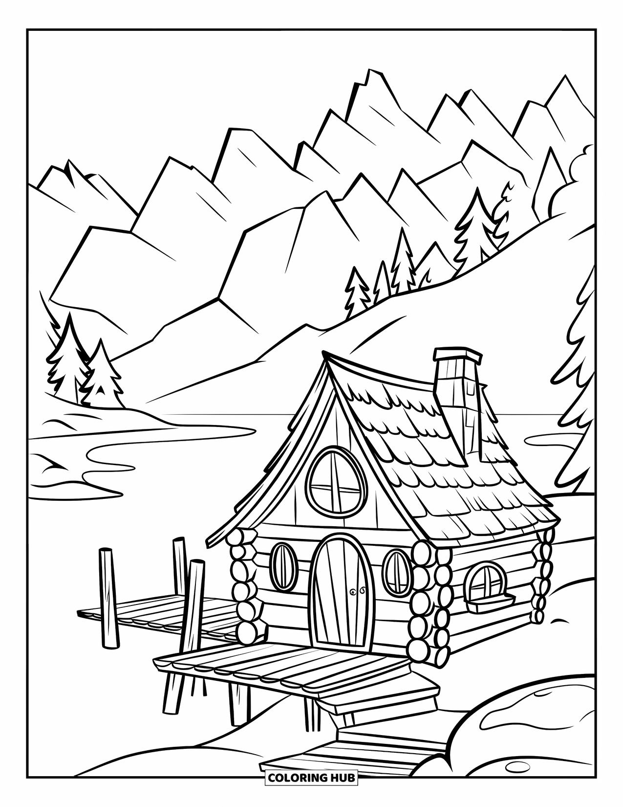Winter Wonderland Coloring Page for Kids: Frozen lake beside a log cabin and jagged mountain silhouettes