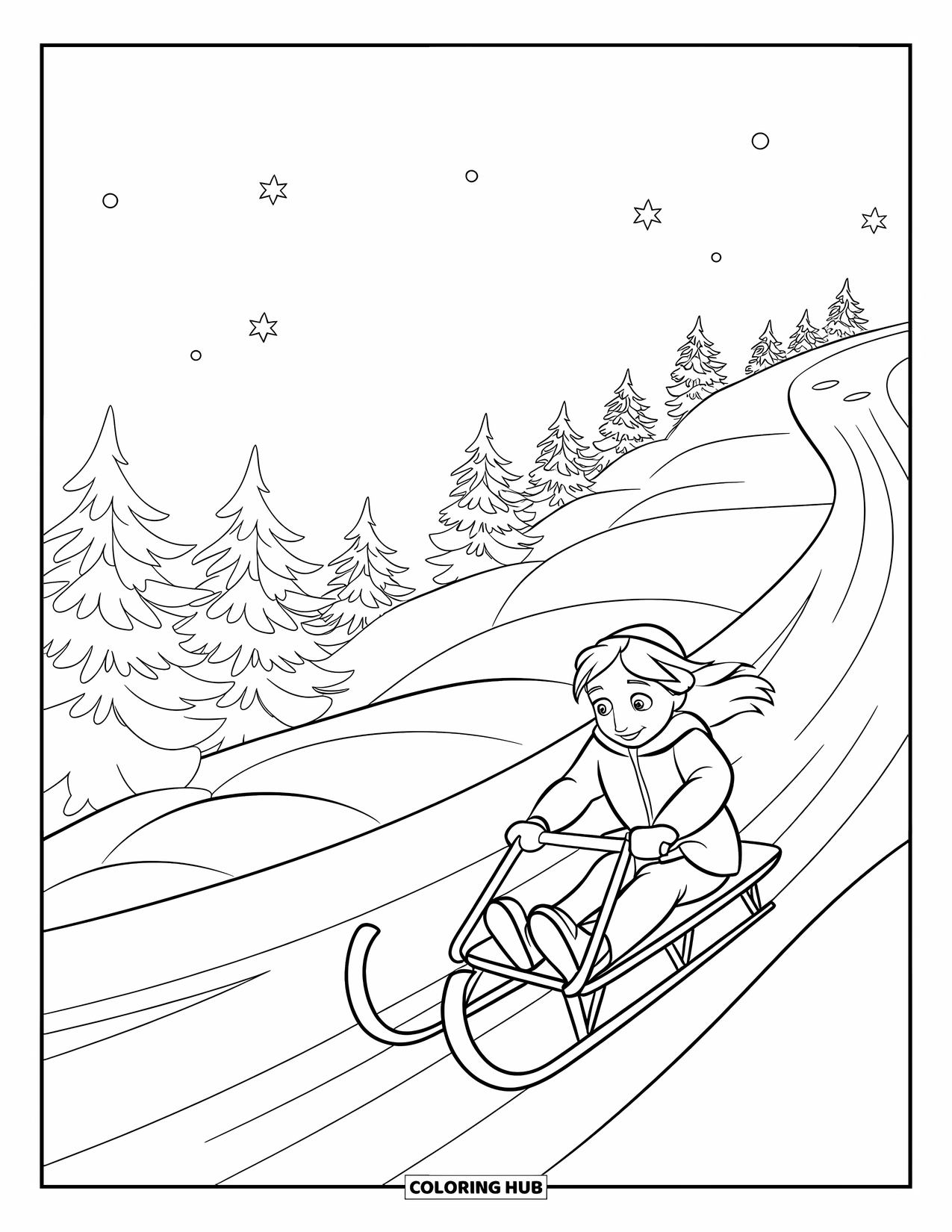 Winter Wonderland Coloring Page for Kids: Girl sleds down a snowy hill lined with pine trees and a clear sky