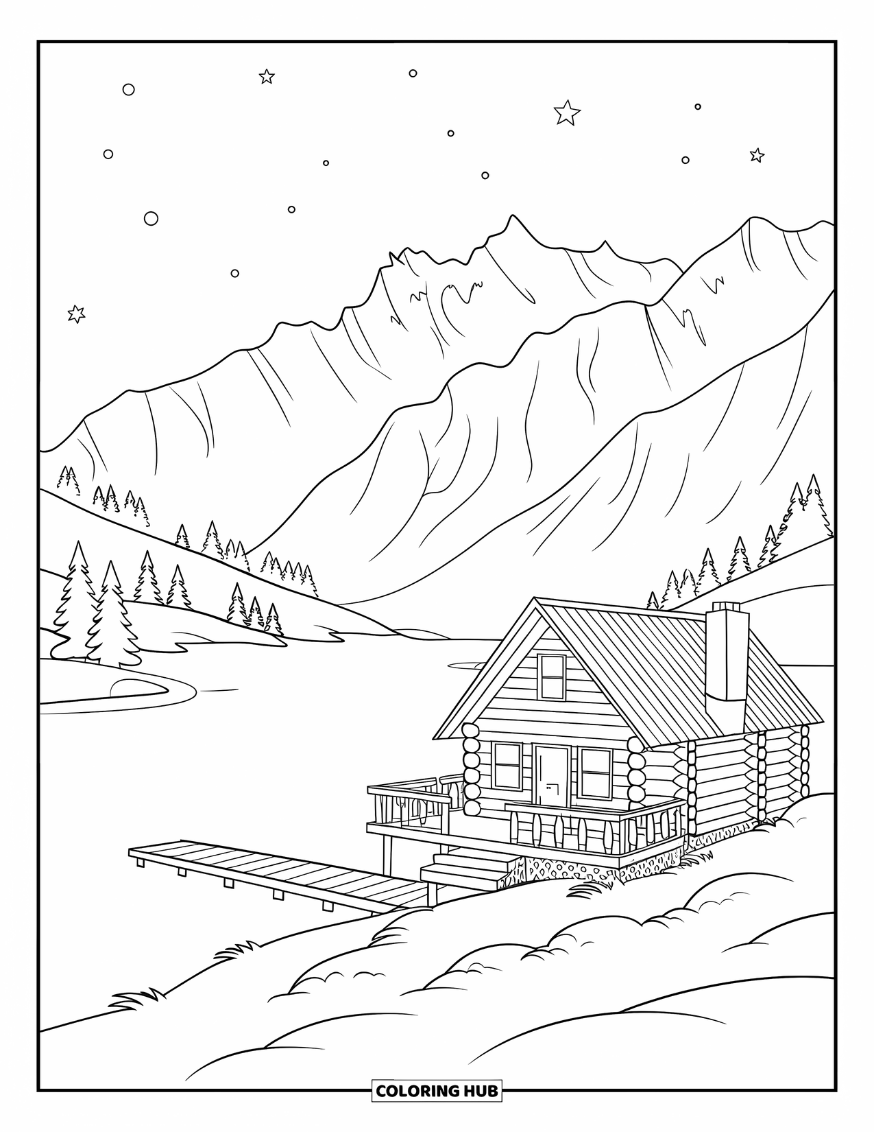 Winter Wonderland Coloring Page for Kids: Log cabin by a frozen lake with mountains and a wooden dock