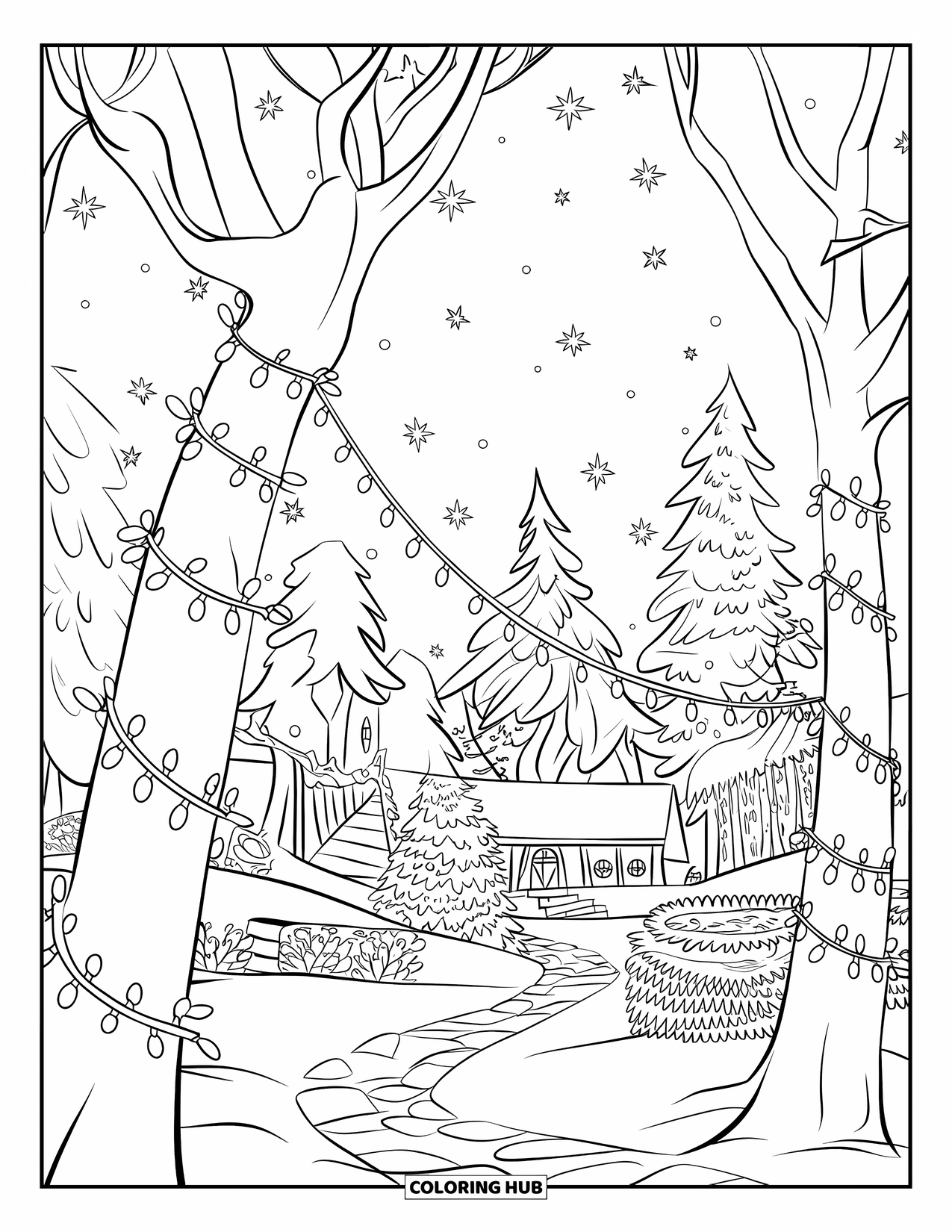 Winter Wonderland Coloring Page for Kids: Path leads through snow to a cozy cottage lit by fairy lights